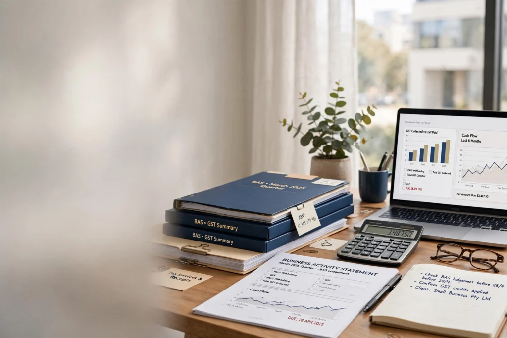 BAS lodgement guide 2026 — accountant's desk with Business Activity Statement documents, calculator and GST charts